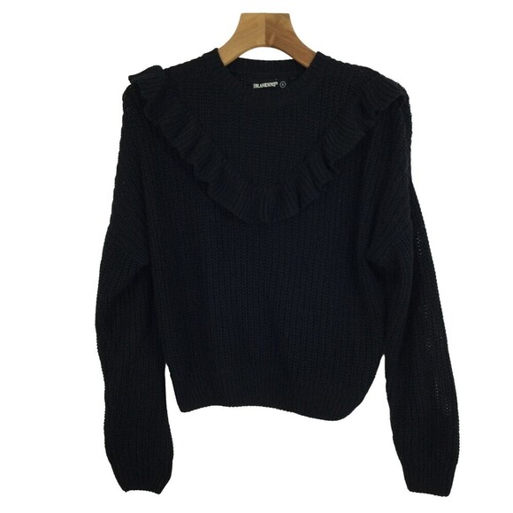 Blank NYC Womens Ruffle Crew Neck Long Sleeve Knit Sweater Black Size Small - Picture 1 of 7
